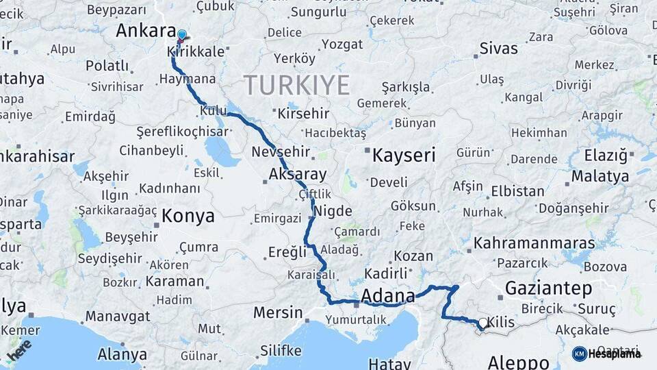 Ankara Kilis Arası Kaç Km - Yol Haritası
