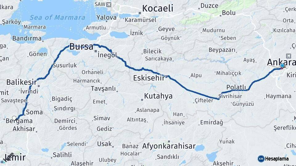 Ankara Kınık İzmir Arası Kaç Km - Yol Haritası