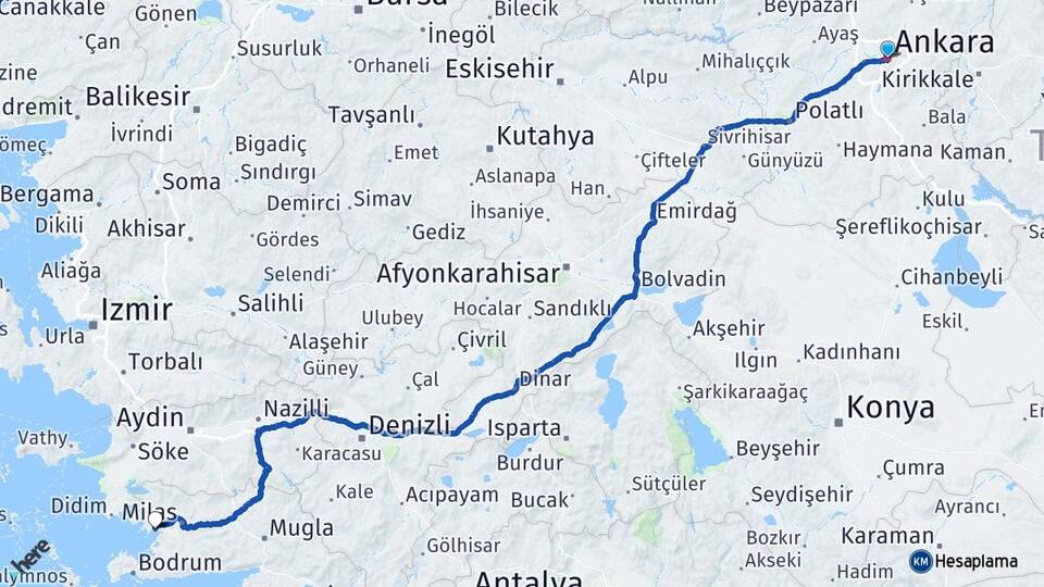 Ankara Kıyıkışlacık Milas Muğla Arası Kaç Km - Yol Haritası