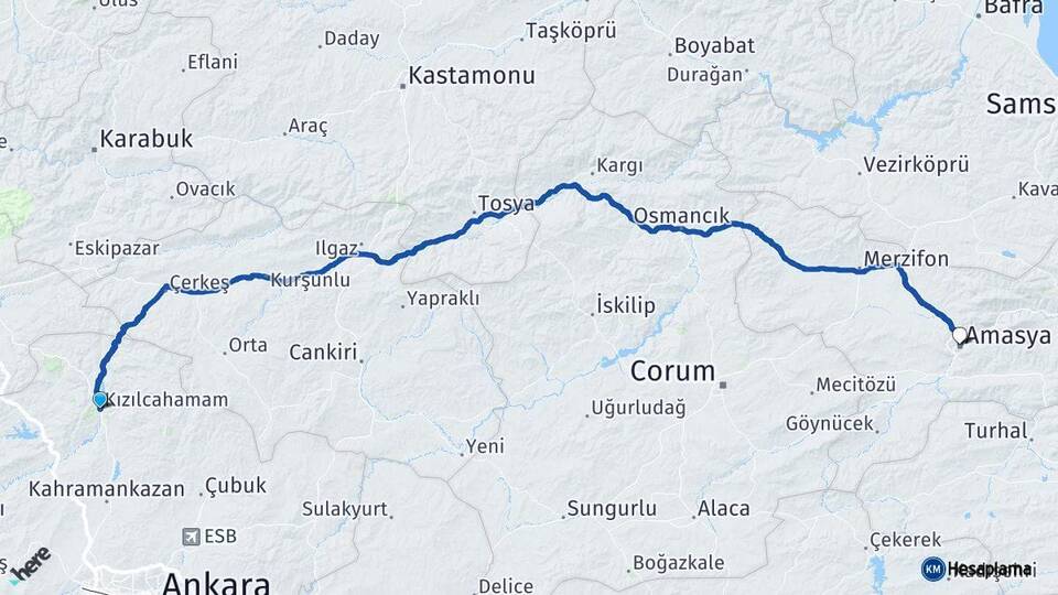 Ankara Kızılcahamam Amasya Arası Kaç Km - Yol Haritası
