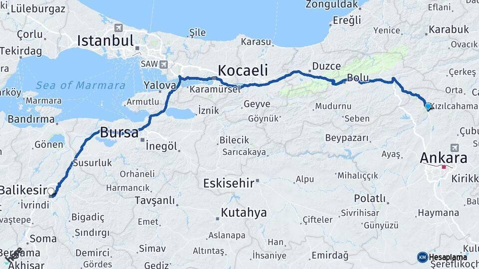 Ankara Kızılcahamam Balıkesir Arası Kaç Km - Yol Haritası