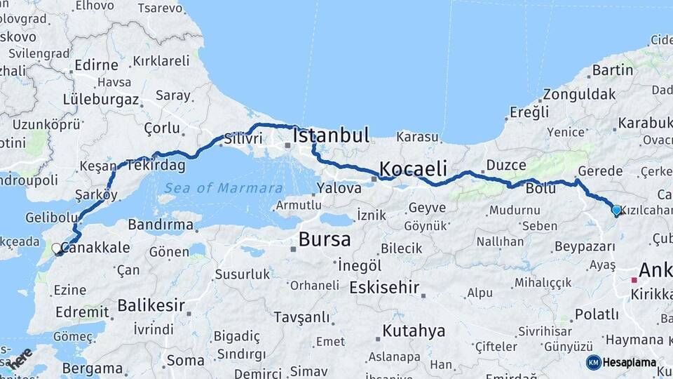 Ankara Kızılcahamam Çanakkale Arası Kaç Km - Yol Haritası