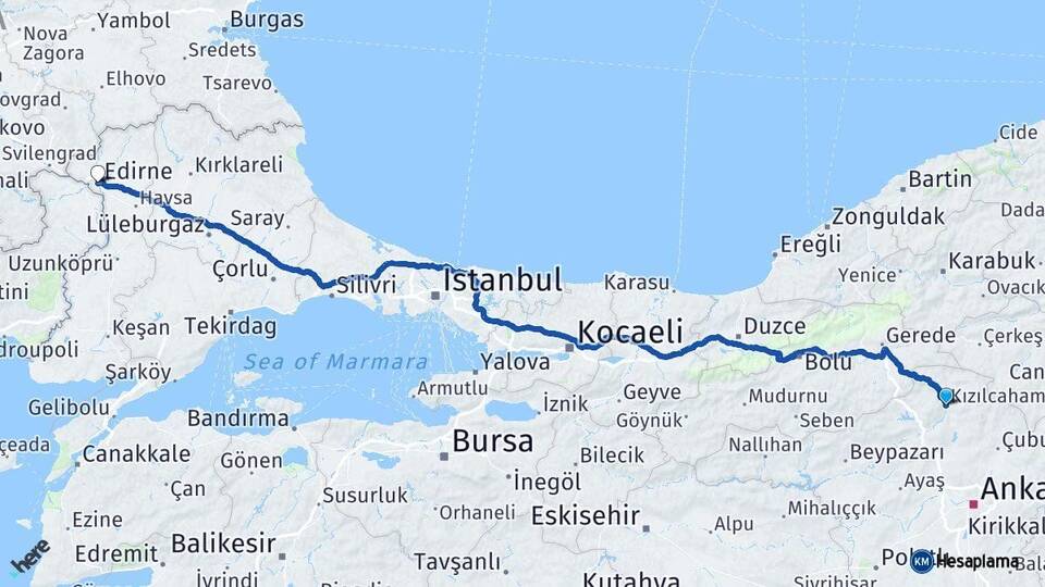 Ankara Kızılcahamam Edirne Arası Kaç Km - Yol Haritası