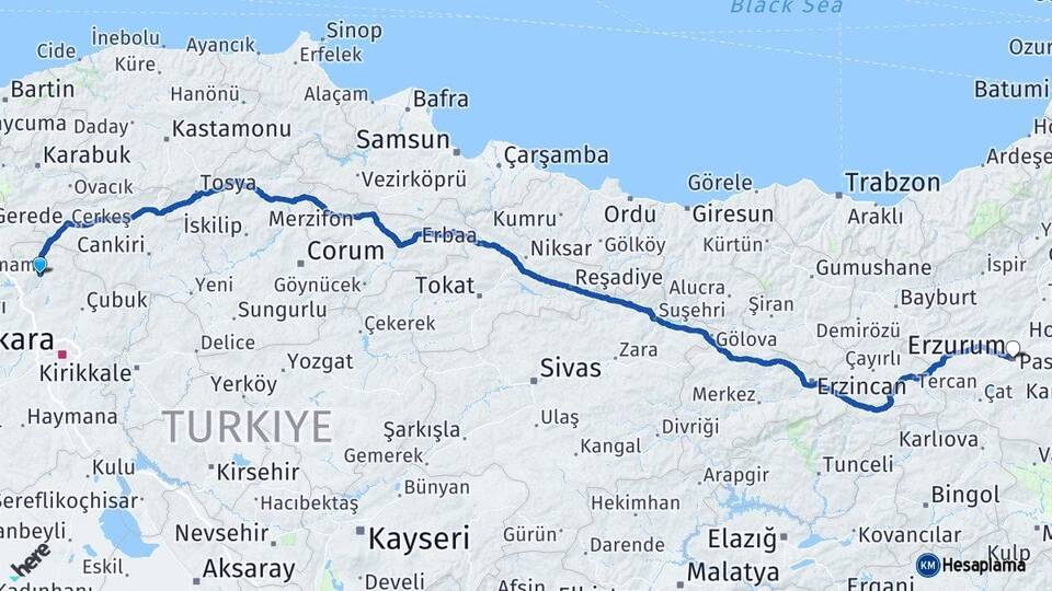 Ankara Kızılcahamam Erzurum Arası Kaç Km - Yol Haritası