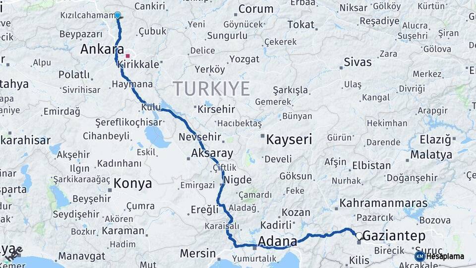 Ankara Kızılcahamam Gaziantep Arası Kaç Km - Yol Haritası