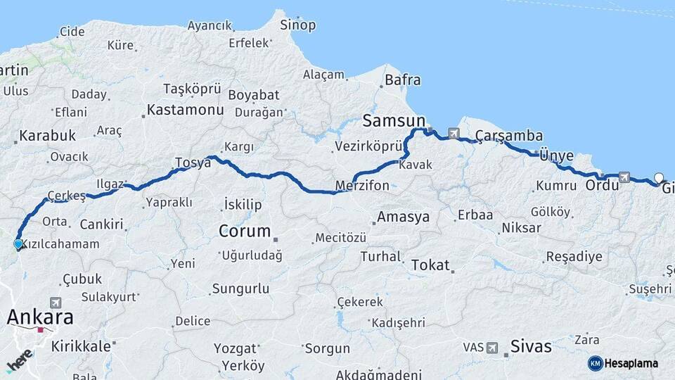 Ankara Kızılcahamam Giresun Arası Kaç Km - Yol Haritası