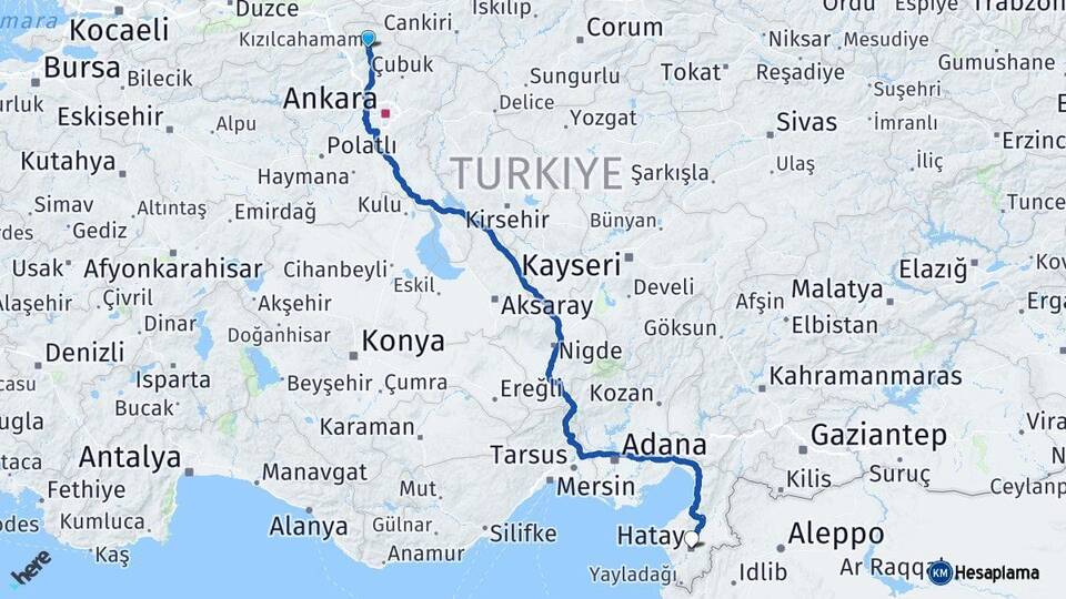 Ankara Kızılcahamam Hatay Arası Kaç Km - Yol Haritası