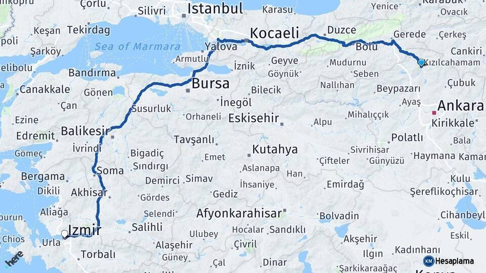 Ankara Kızılcahamam İzmir Arası Kaç Km - Yol Haritası