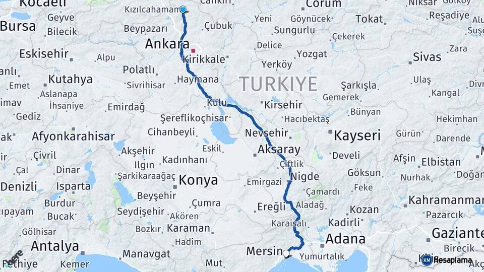 Ankara Kızılcahamam Mersin Arası Kaç Km - Yol Haritası