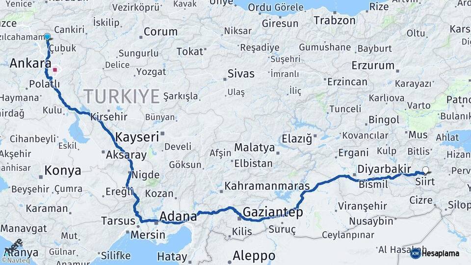 Ankara Kızılcahamam Siirt Arası Kaç Km - Yol Haritası