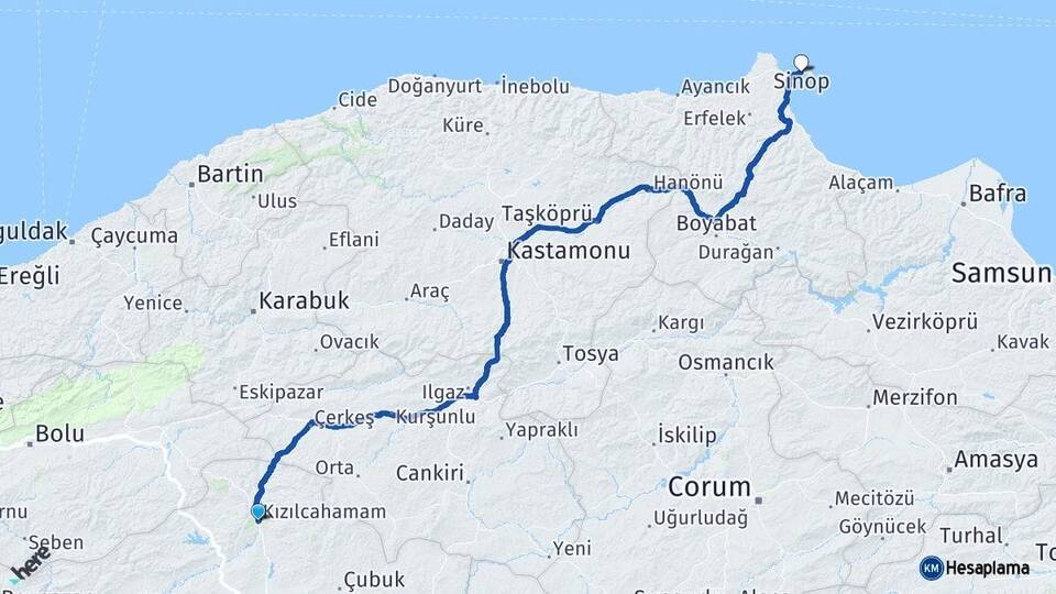 Ankara Kızılcahamam Sinop Arası Kaç Km - Yol Haritası