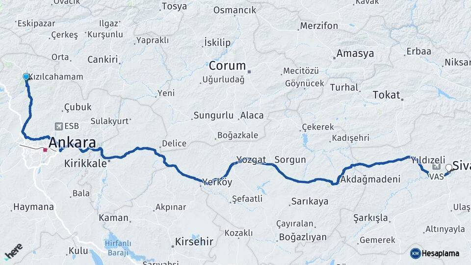 Ankara Kızılcahamam Sivas Arası Kaç Km - Yol Haritası