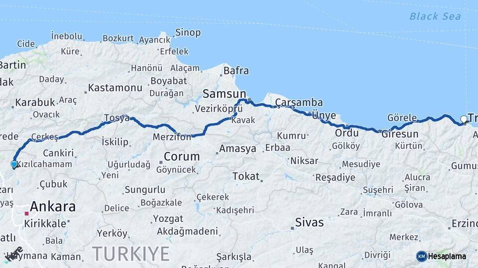 Ankara Kızılcahamam Trabzon Arası Kaç Km - Yol Haritası