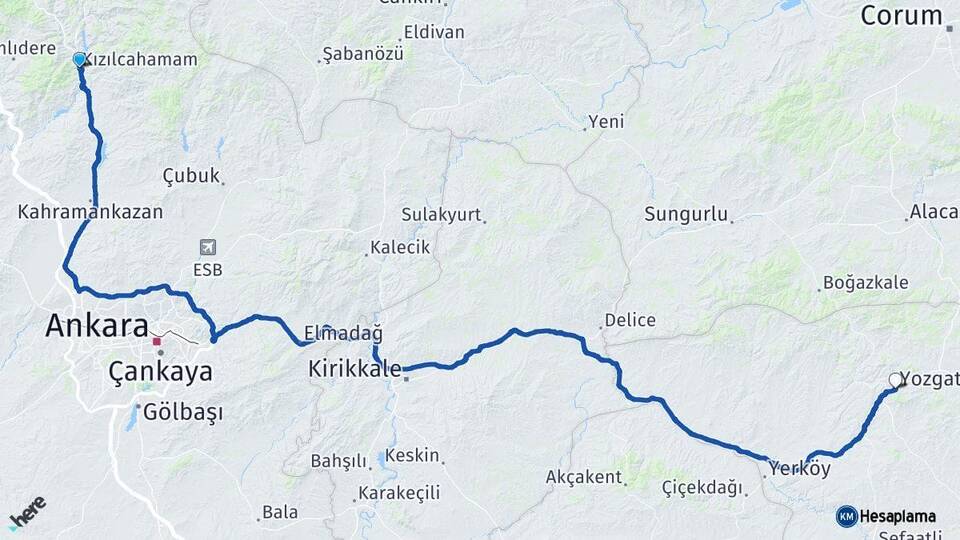 Ankara Kızılcahamam Yozgat Arası Kaç Km - Yol Haritası