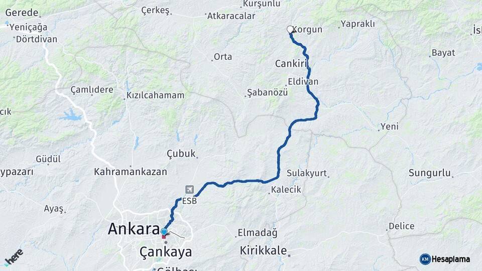 Ankara Korgun Çankırı Arası Kaç Km - Yol Haritası