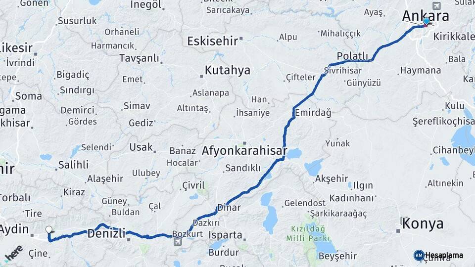 Ankara Köşk Aydın Arası Kaç Km - Yol Haritası