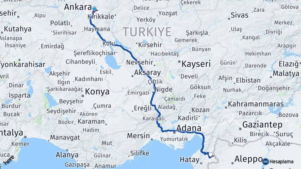 Ankara Kumlu Hatay Arası Kaç Km - Yol Haritası