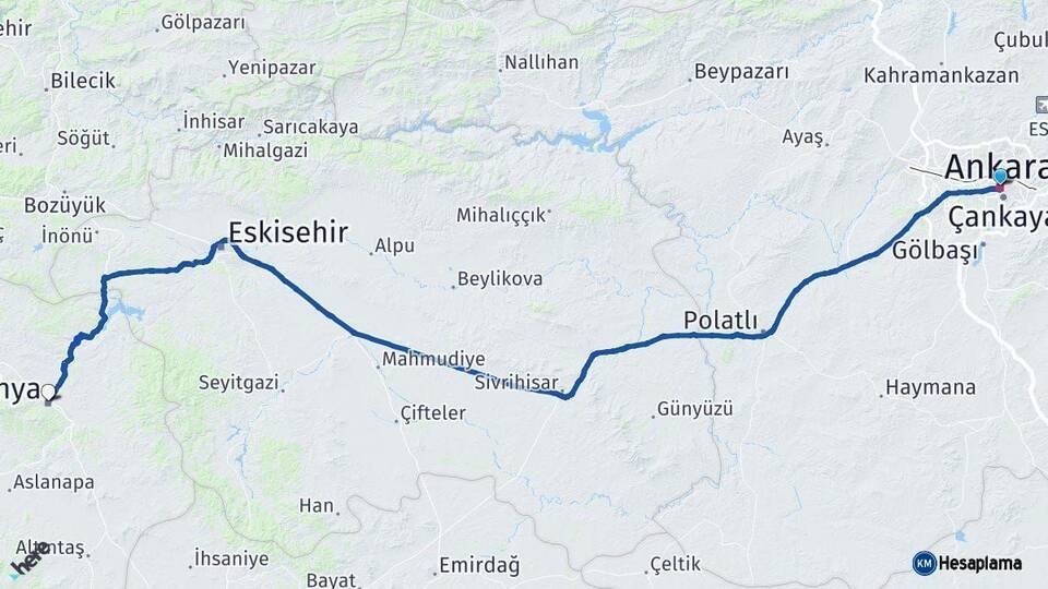 Ankara Kütahya Arası Kaç Km - Yol Haritası