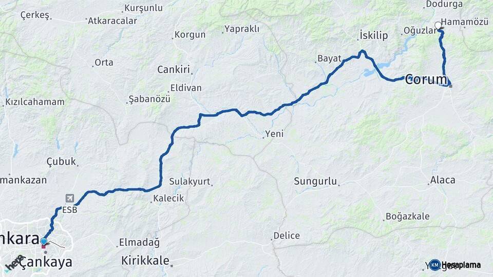 Ankara Laçin Çorum Arası Kaç Km - Yol Haritası