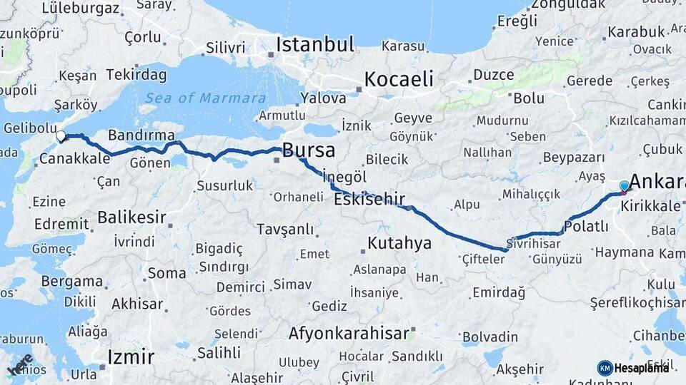 Ankara Lapseki Çanakkale Arası Kaç Km - Yol Haritası