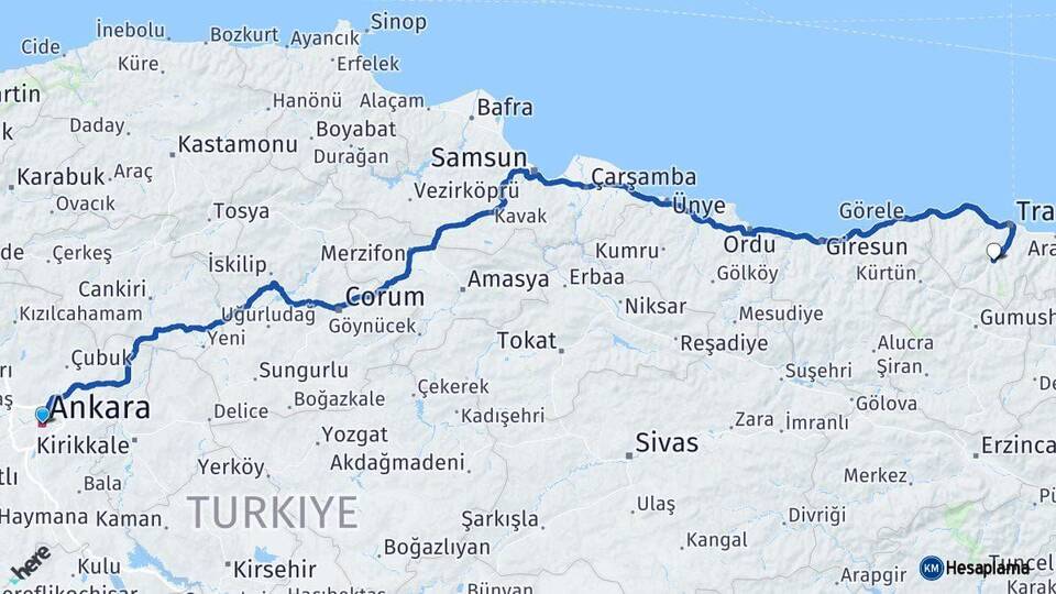 Ankara Maçka Trabzon Arası Kaç Km - Yol Haritası