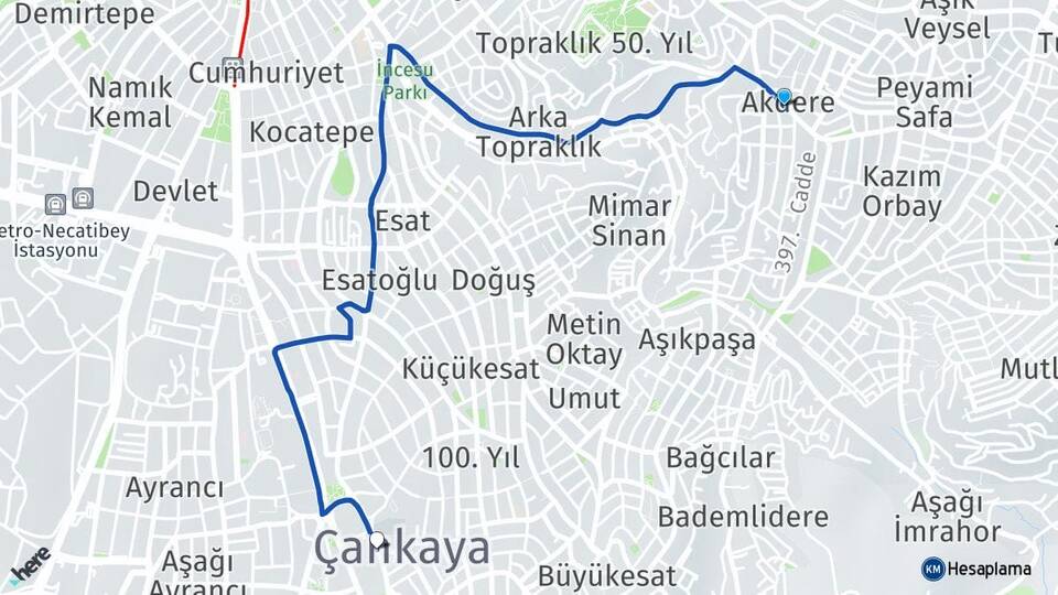 Ankara Mamak Akdere Çankaya Arası Kaç Km - Yol Haritası