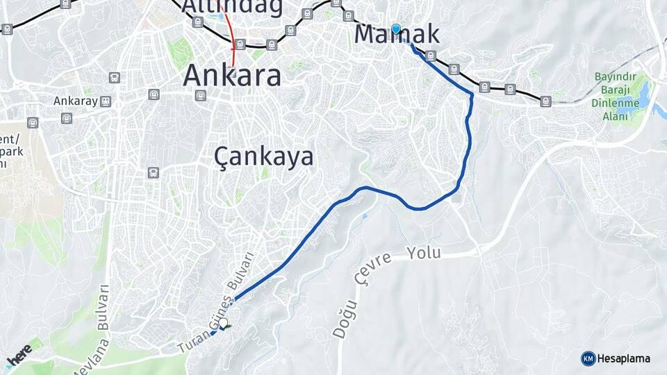 Ankara Mamak Aşağı Dikmen Çankaya Arası Kaç Km - Yol Haritası