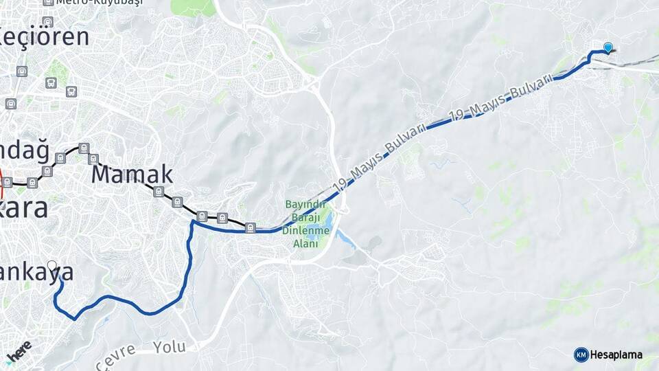 Ankara Mamak Lalahan Büyükesat Çankaya Arası Kaç Km - Yol Haritası