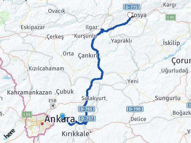 Ankara Mamak Lalahan Tosya Kastamonu Arası Kaç Km - Yol Haritası
