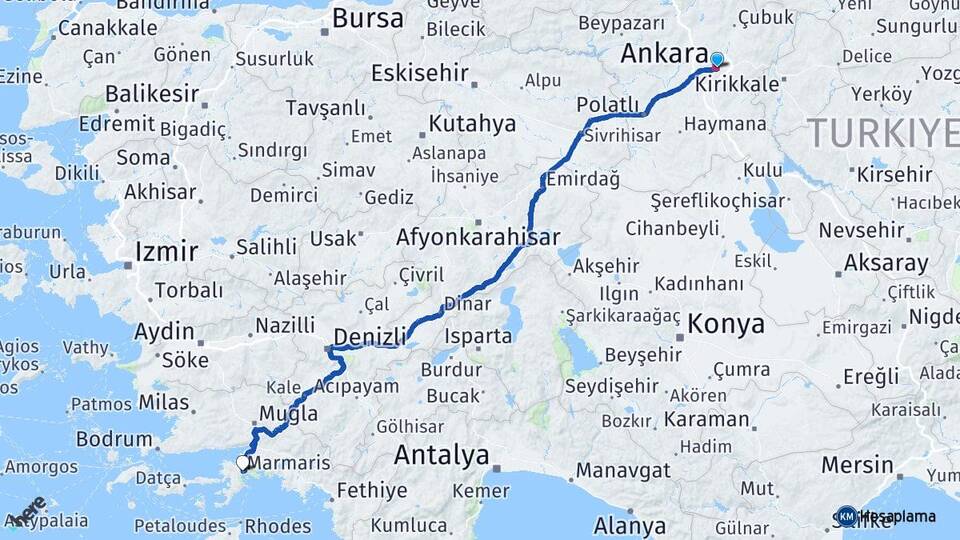 Ankara Marmaris Muğla Arası Kaç Km - Yol Haritası