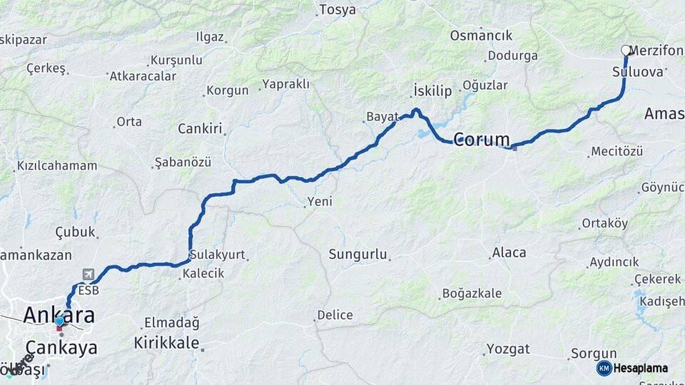 Ankara Merzifon Amasya Arası Kaç Km - Yol Haritası