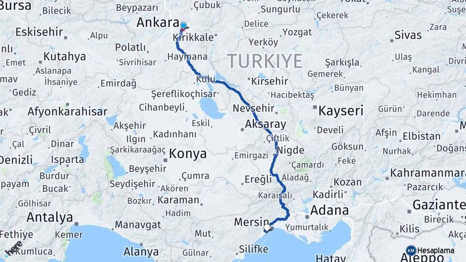 Ankara Mezitli Mersin Arası Kaç Km - Yol Haritası