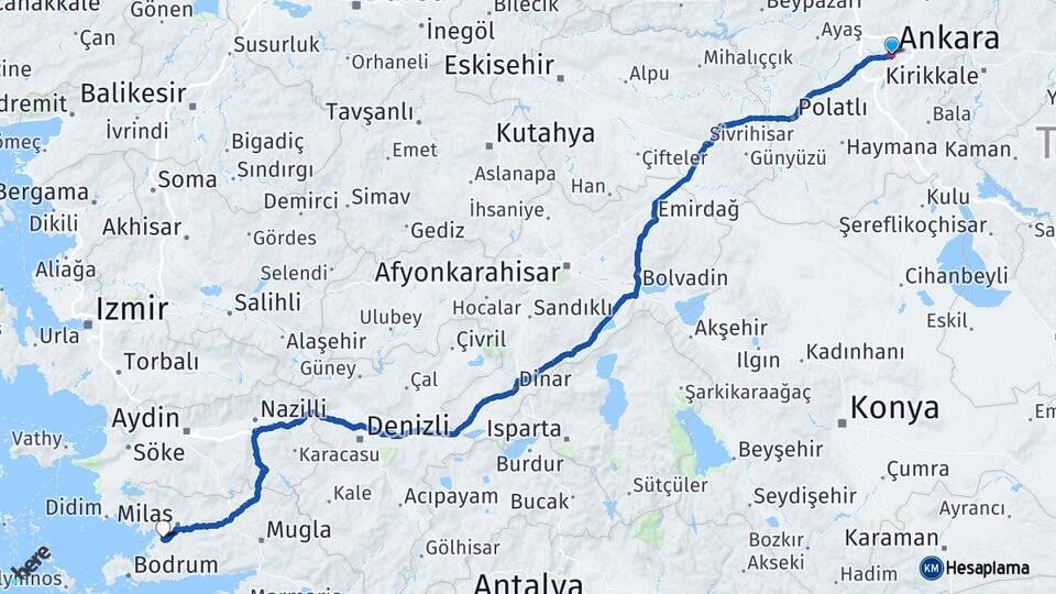 Ankara Milas Bodrum Havalimanı Arası Kaç Km - Yol Haritası