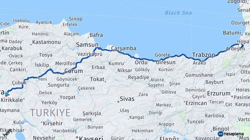 Ankara Murgul Artvin Arası Kaç Km - Yol Haritası