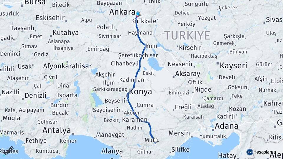 Ankara Mut Mersin Arası Kaç Km - Yol Haritası