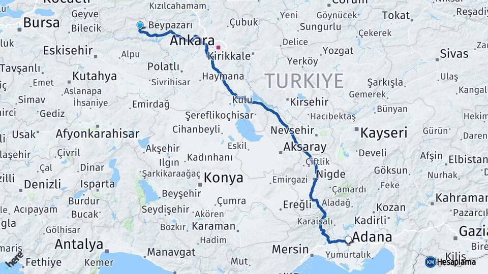 Ankara Nallıhan Adana Arası Kaç Km - Yol Haritası