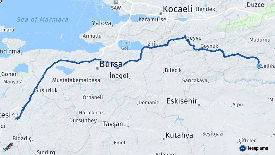 Ankara Nallıhan Balıkesir Arası Kaç Km - Yol Haritası