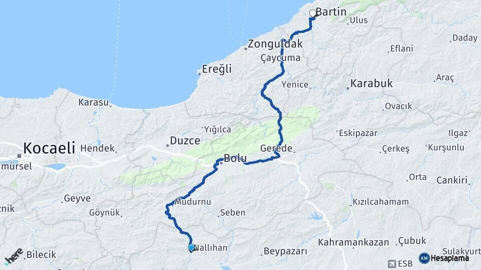 Ankara Nallıhan Bartın Arası Kaç Km - Yol Haritası