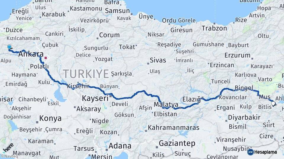 Ankara Nallıhan Bitlis Arası Kaç Km - Yol Haritası