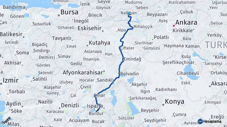 Ankara Nallıhan Burdur Arası Kaç Km - Yol Haritası