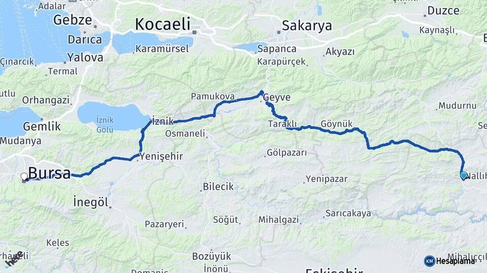 Ankara Nallıhan Bursa Arası Kaç Km - Yol Haritası