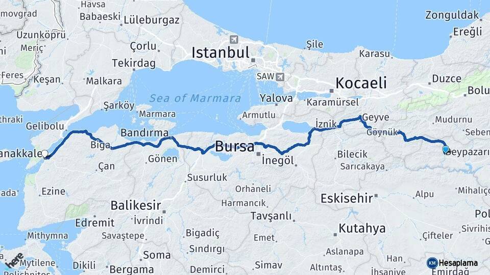 Ankara Nallıhan Çanakkale Arası Kaç Km - Yol Haritası