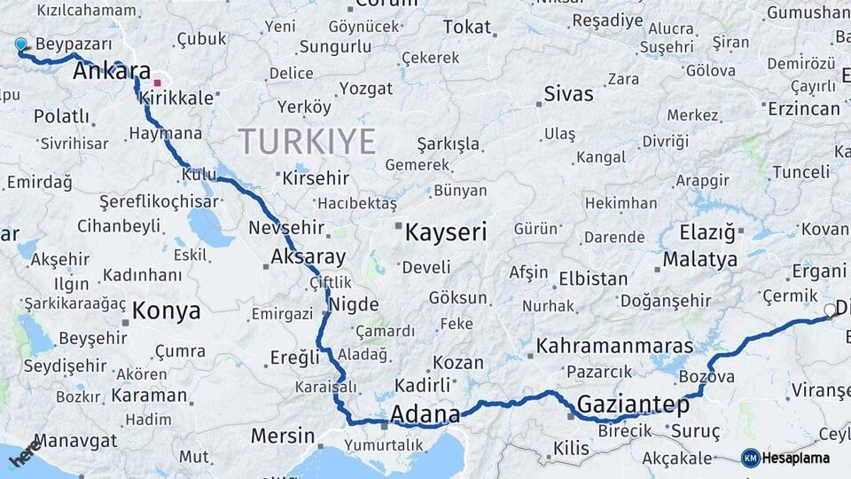 Ankara Nallıhan Diyarbakır Arası Kaç Km - Yol Haritası
