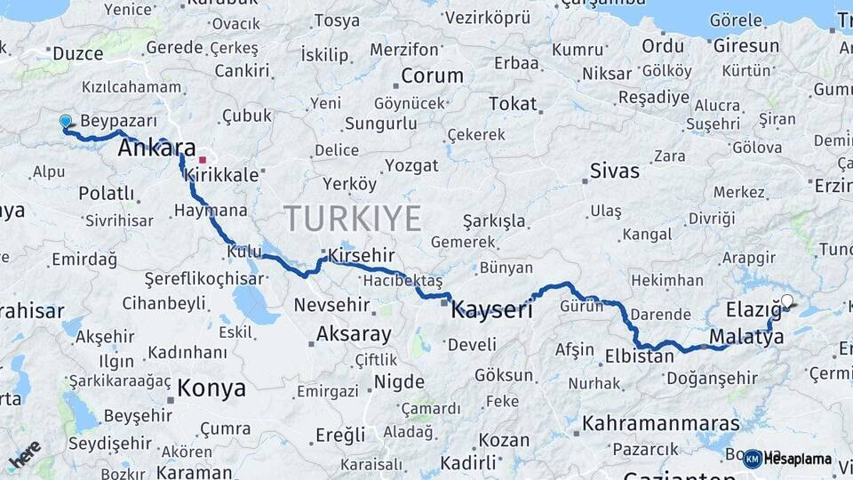 Ankara Nallıhan Elazığ Arası Kaç Km - Yol Haritası