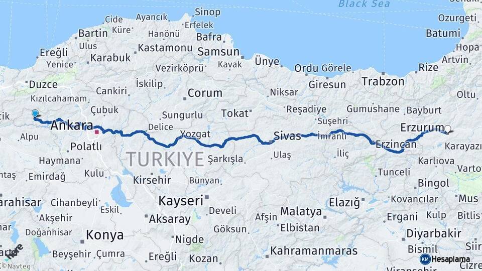 Ankara Nallıhan Erzurum Arası Kaç Km - Yol Haritası