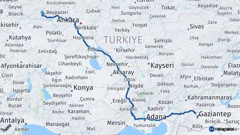 Ankara Nallıhan Gaziantep Arası Kaç Km - Yol Haritası