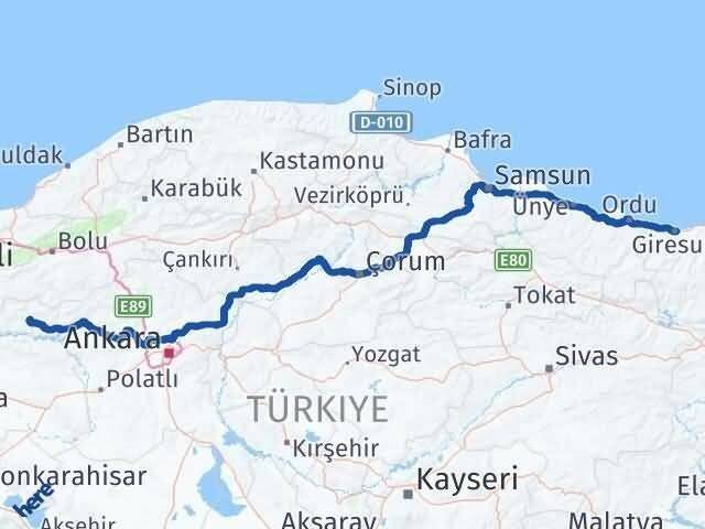Ankara Nallıhan Giresun Arası Kaç Km - Yol Haritası