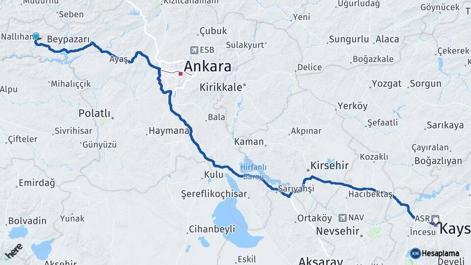 Ankara Nallıhan Kayseri Arası Kaç Km - Yol Haritası