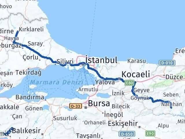 Ankara Nallıhan Kırklareli Arası Kaç Km - Yol Haritası