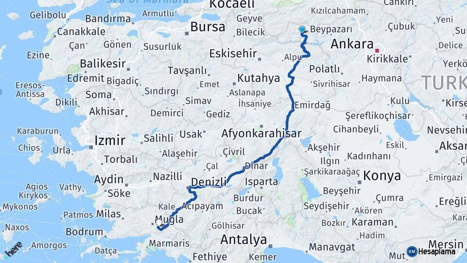 Ankara Nallıhan Muğla Arası Kaç Km - Yol Haritası